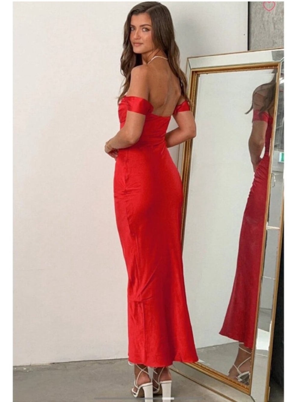 Beginning Boutique Ella Red Satin Maxi Dress Gown Slip Off Shoulder US 10 New - Picture 6 of 10